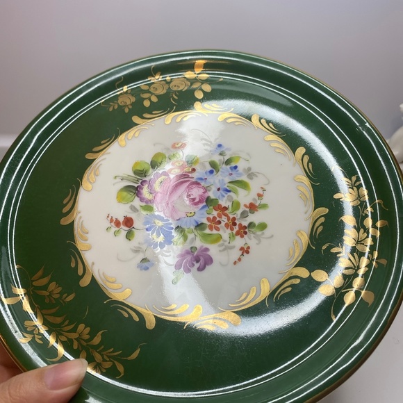 Two Vintage France Plates Hand Painted Floral Green & Gold Accents About 8” Wide - Picture 2 of 15